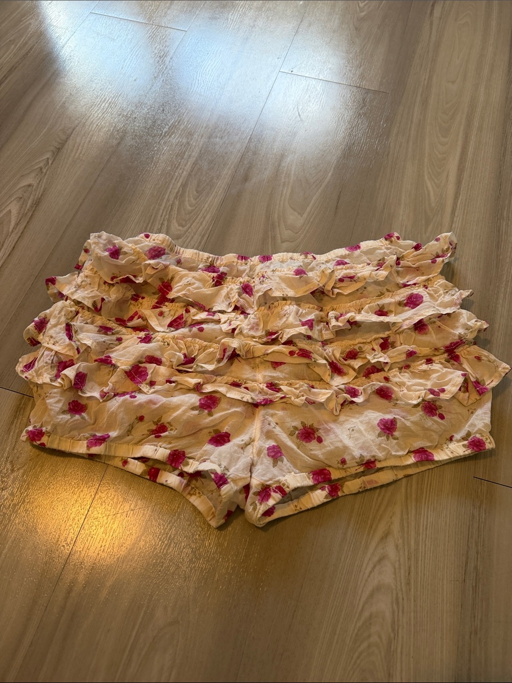 Free People Cream Floral Ruffle Shorts with Pink Flowers